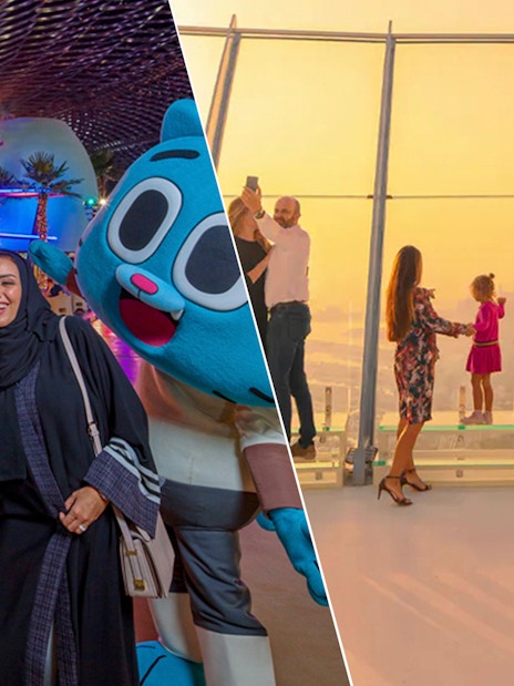 Visitors taking selfies with characters at IMG Worlds of Adventure and enjoying the view at the Palm, Dubai.