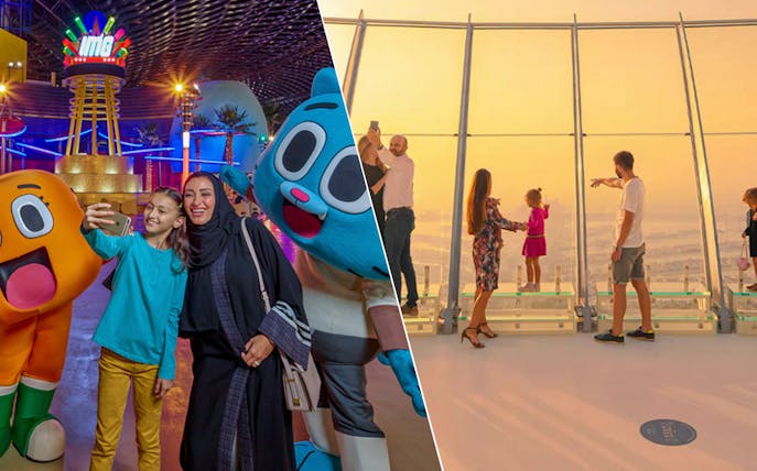 Visitors taking selfies with characters at IMG Worlds of Adventure and enjoying the view at the Palm, Dubai.
