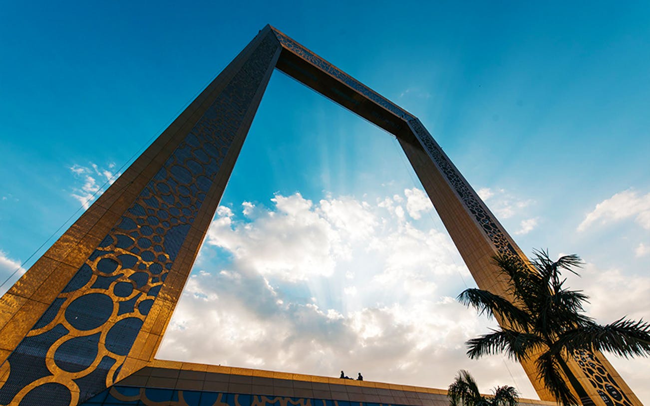 Dubai Frame against a blue sky, part of the Dubai Flexi Attractions Pass.