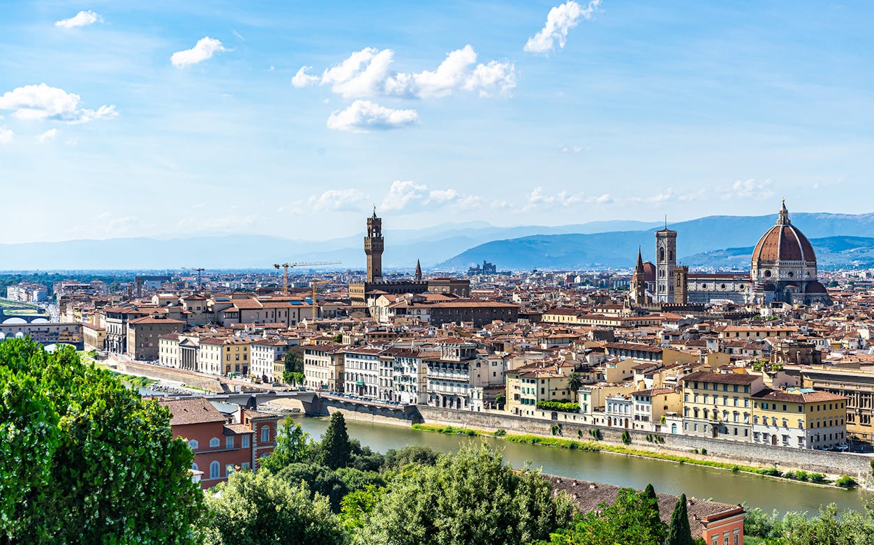 Florence cityscape with the Duomo and Palazzo Vecchio, view from a guided walking tour.