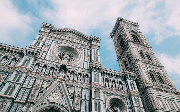 Florence Cathedral facade and bell tower on a guided walking tour.