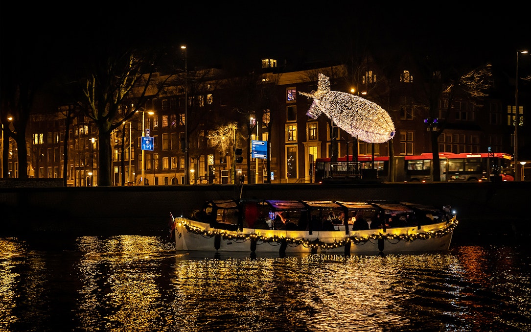 Amsterdam canal cruise with illuminated fish sculpture during Light Festival.