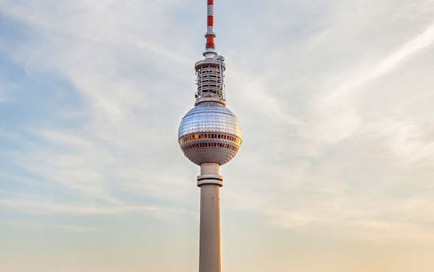 Berlin TV Tower against a clear sky, part of the fast view ticket and breakfast tour.