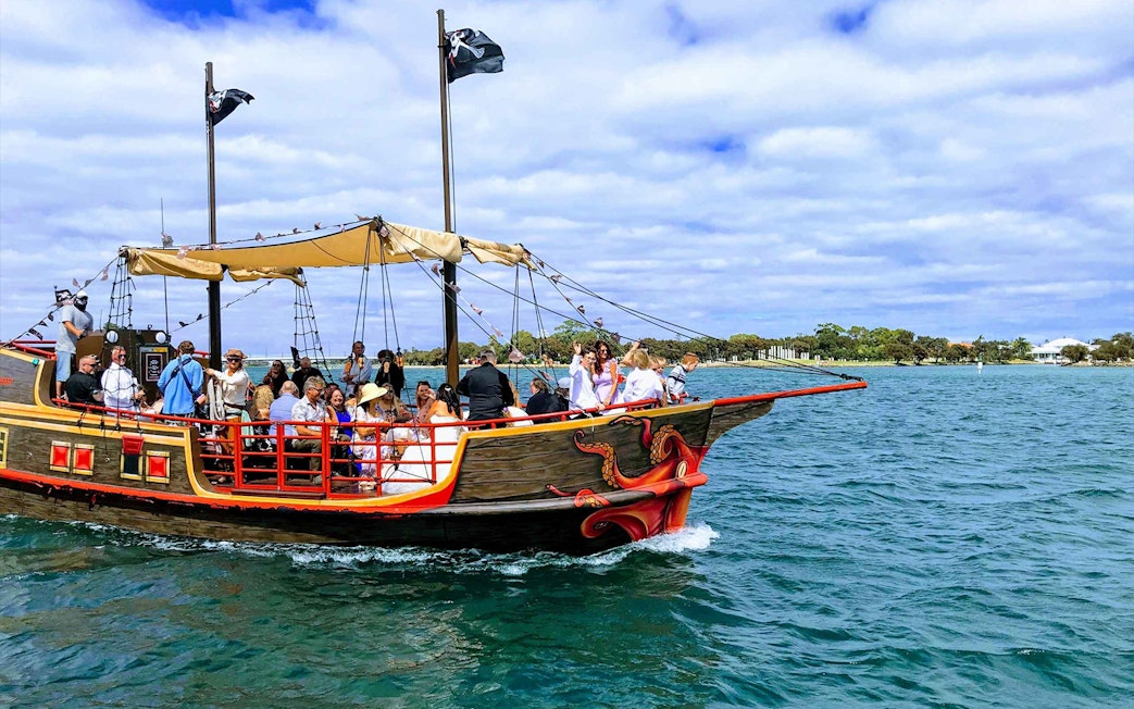 Pirate ship with passengers sailing in Mandurah waters.