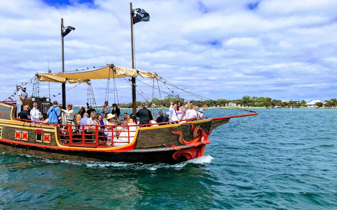Pirate ship with passengers sailing in Mandurah waters.