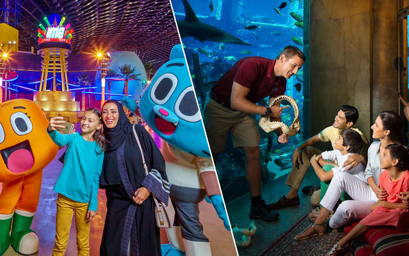 Visitors enjoying IMG Worlds of Adventure and The Lost Chambers Aquarium in Dubai.