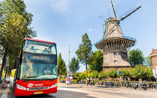 Red double-decker bus on a hop-on hop-off tour passing a windmill in Amsterdam.