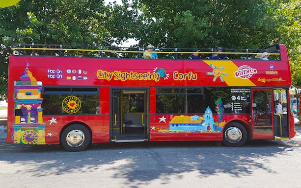 Red double-decker bus for City Sightseeing Corfu on the Kanoni route.