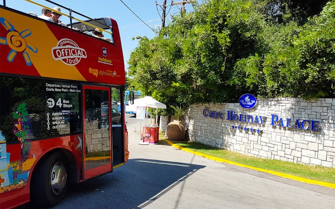 Hop-On Hop-Off bus at Corfu Holiday Palace stop on Kanoni Route.