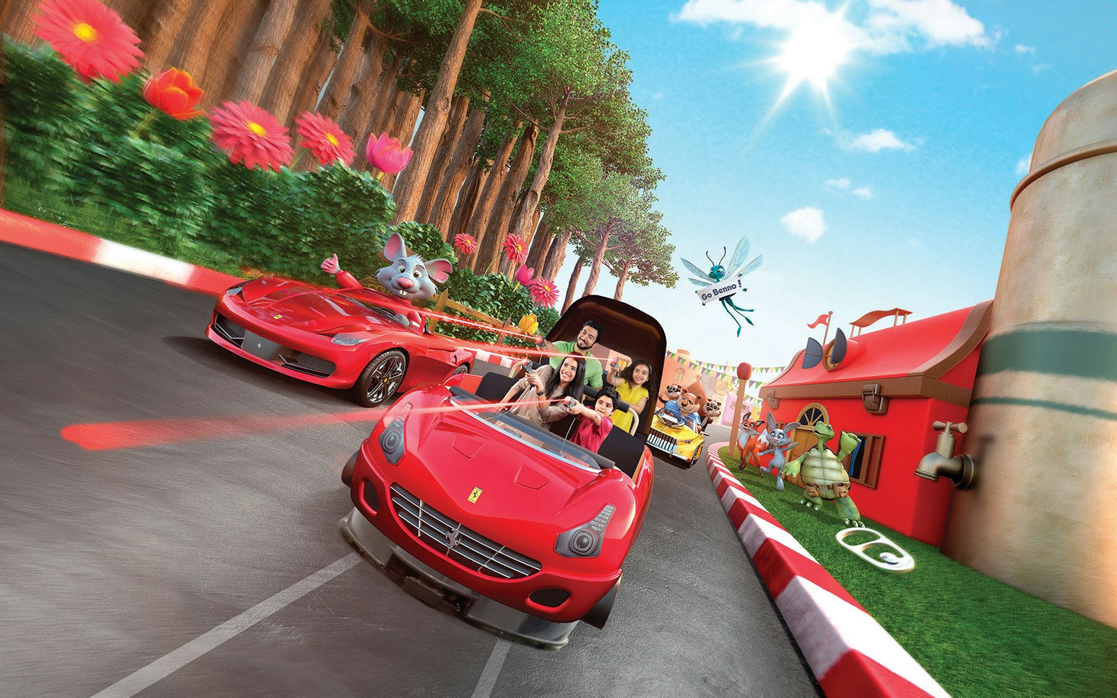 Family enjoying a ride at Ferrari World Abu Dhabi with animated characters and vibrant scenery.