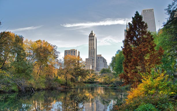 Central Park pond with autumn trees and city skyline in New York City.