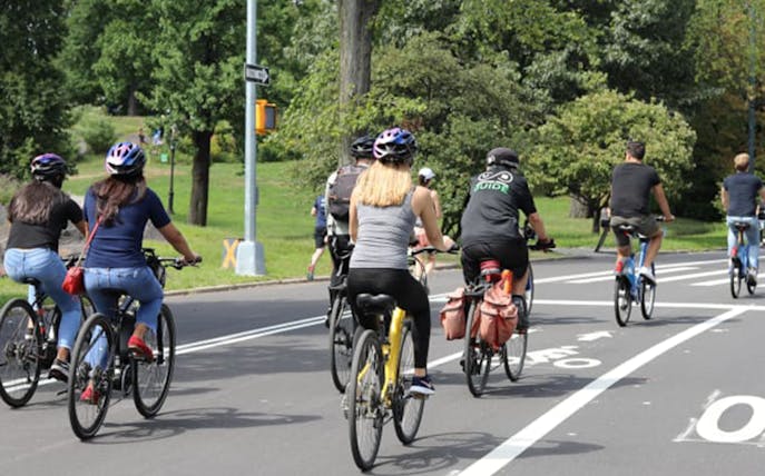Cyclists on a guided tour through Central Park, New York City.