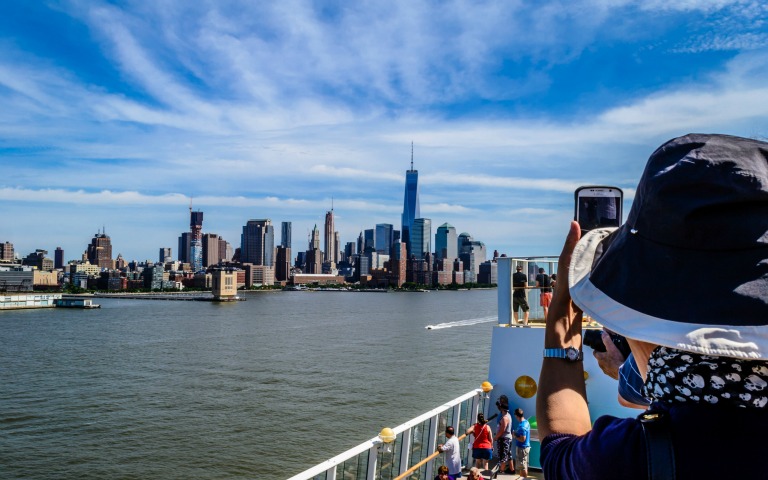 Skyline view of New York City from a holiday brunch cruise on the Hudson River.