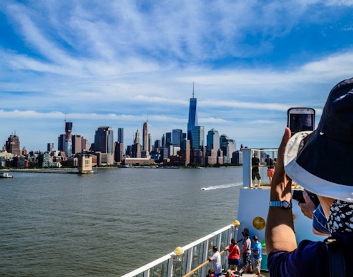 Skyline view of New York City from a holiday brunch cruise on the Hudson River.