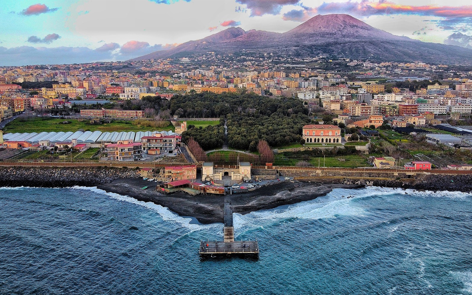 Aerial view of Herculaneum with Mount Vesuvius in the background, Italy.