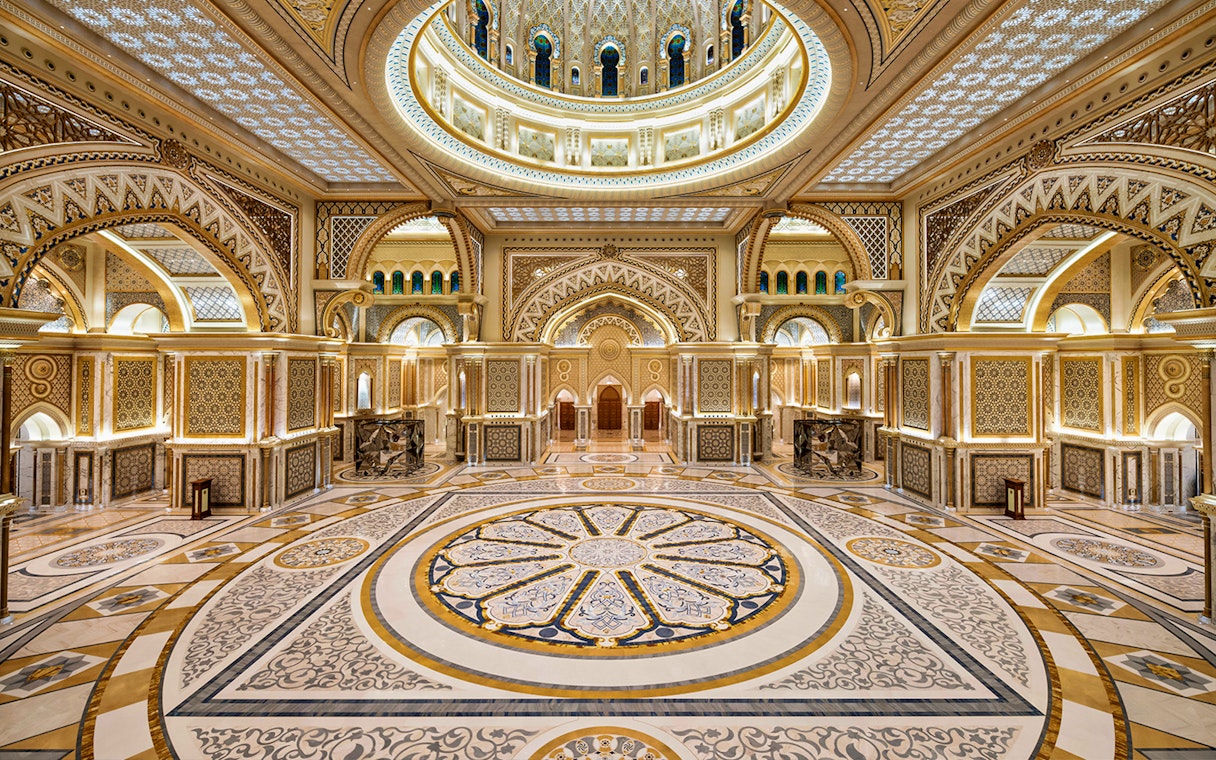 Qasr Al Watan's ornate interior with intricate patterns, Abu Dhabi.