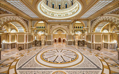 Qasr Al Watan's ornate interior with intricate patterns, Abu Dhabi.
