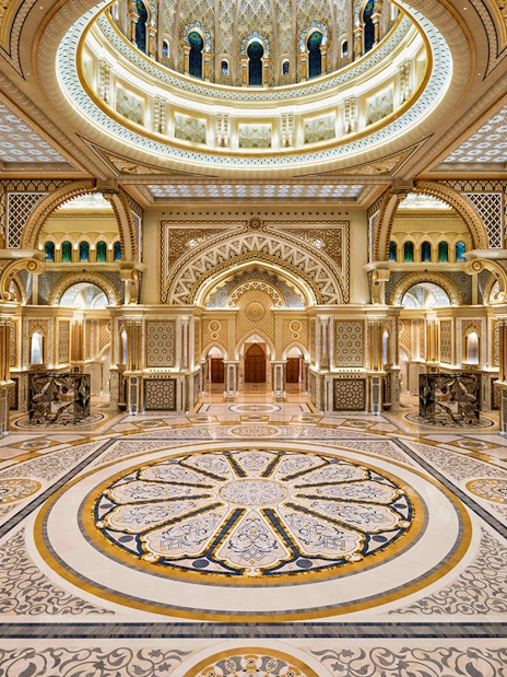 Qasr Al Watan's ornate interior with intricate patterns, Abu Dhabi.
