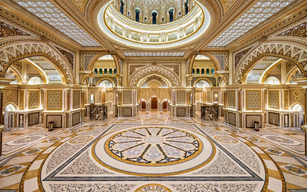 Qasr Al Watan's ornate interior with intricate patterns, Abu Dhabi.