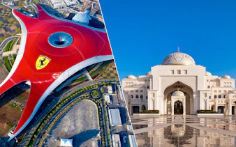 Ferrari World Abu Dhabi aerial view and Qasr Al Watan palace entrance.