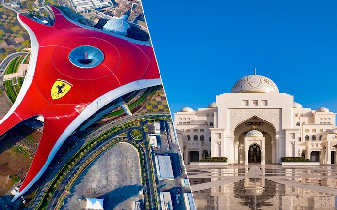 Ferrari World Abu Dhabi aerial view and Qasr Al Watan palace entrance.