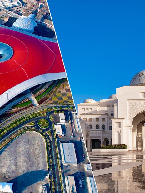 Ferrari World Abu Dhabi aerial view and Qasr Al Watan palace entrance.