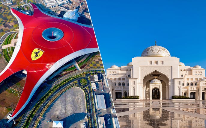 Ferrari World Abu Dhabi aerial view and Qasr Al Watan palace entrance.