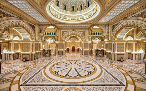 Qasr Al Watan's ornate interior with intricate patterns and grand architecture in Abu Dhabi.
