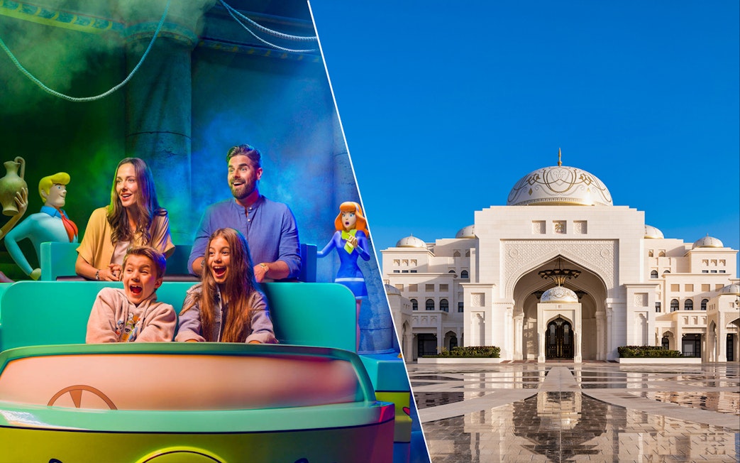 Warner Bros. World Abu Dhabi ride with family and Qasr Al Watan palace exterior.