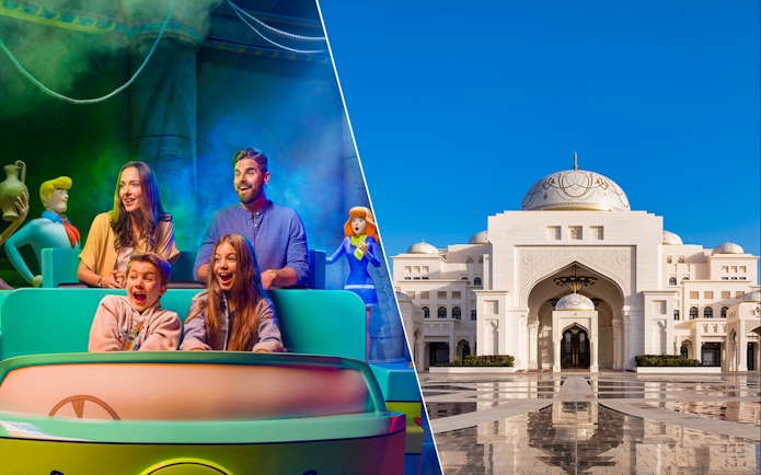 Warner Bros. World Abu Dhabi ride with family and Qasr Al Watan palace exterior.