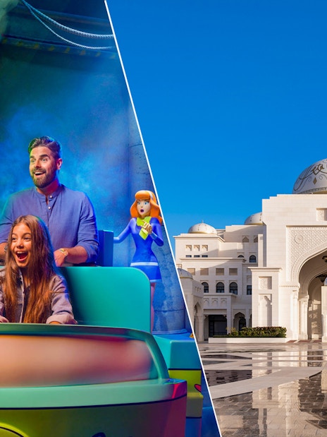 Warner Bros. World Abu Dhabi ride with family and Qasr Al Watan palace exterior.