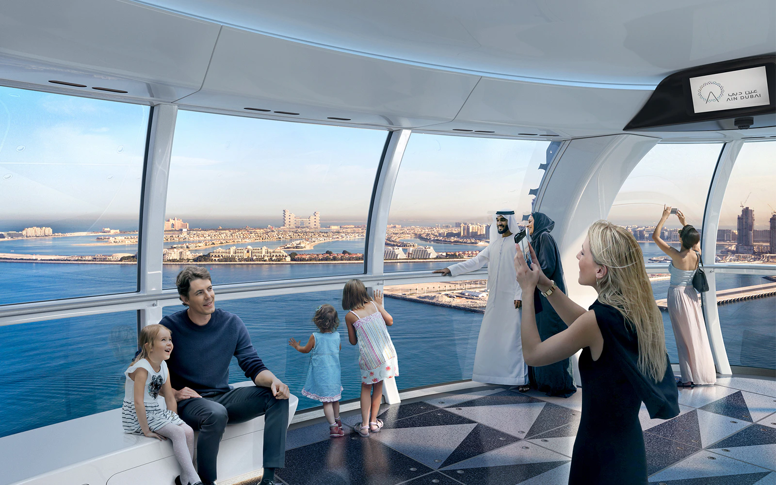 Ain Dubai Skybar interior with people enjoying panoramic views of Dubai skyline.
