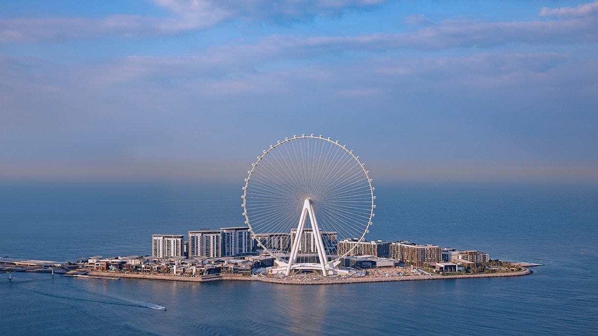 Ain Dubai Ferris wheel on Bluewaters Island with ocean backdrop.