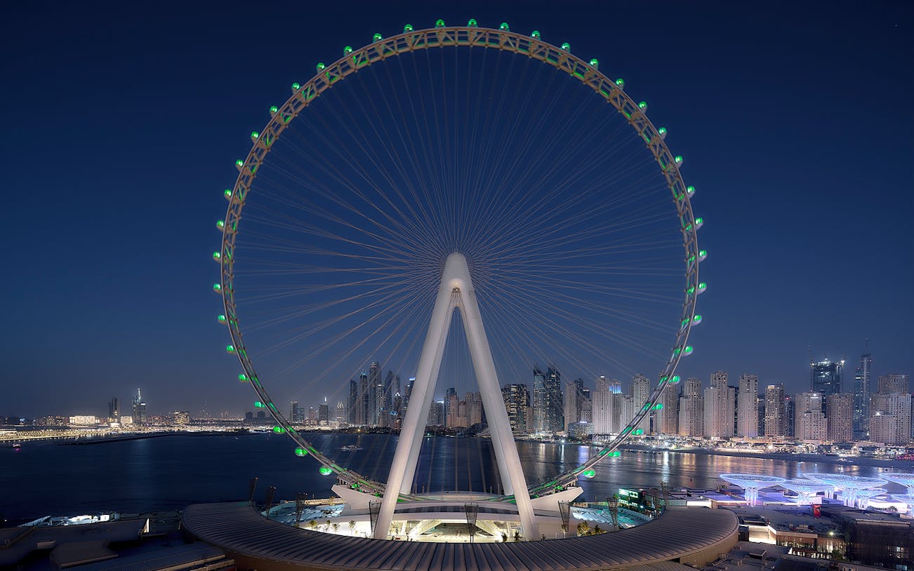 Ain Dubai Ferris wheel at night with city skyline in the background.