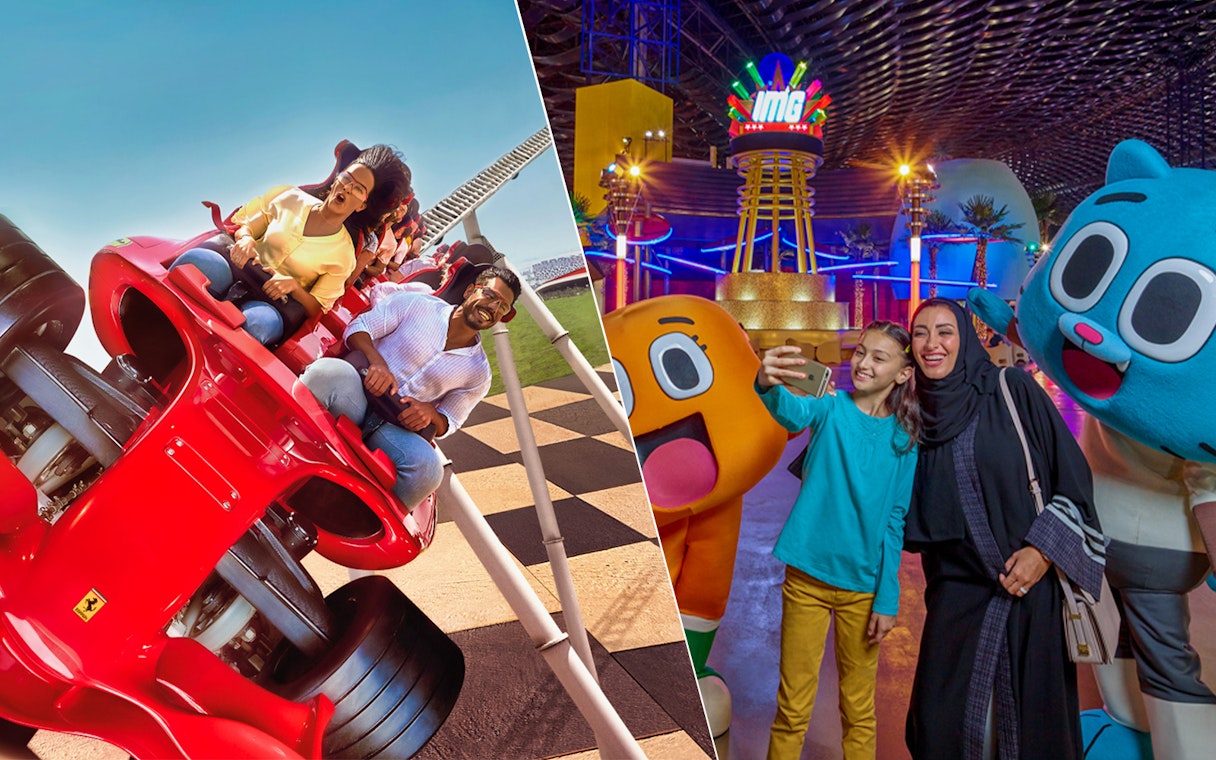 Ferrari World roller coaster and IMG Worlds characters in Abu Dhabi.