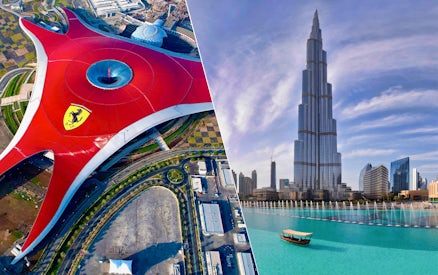 Ferrari World Abu Dhabi and Burj Khalifa Dubai skyline.