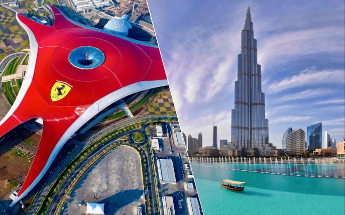 Ferrari World Abu Dhabi and Burj Khalifa Dubai skyline.