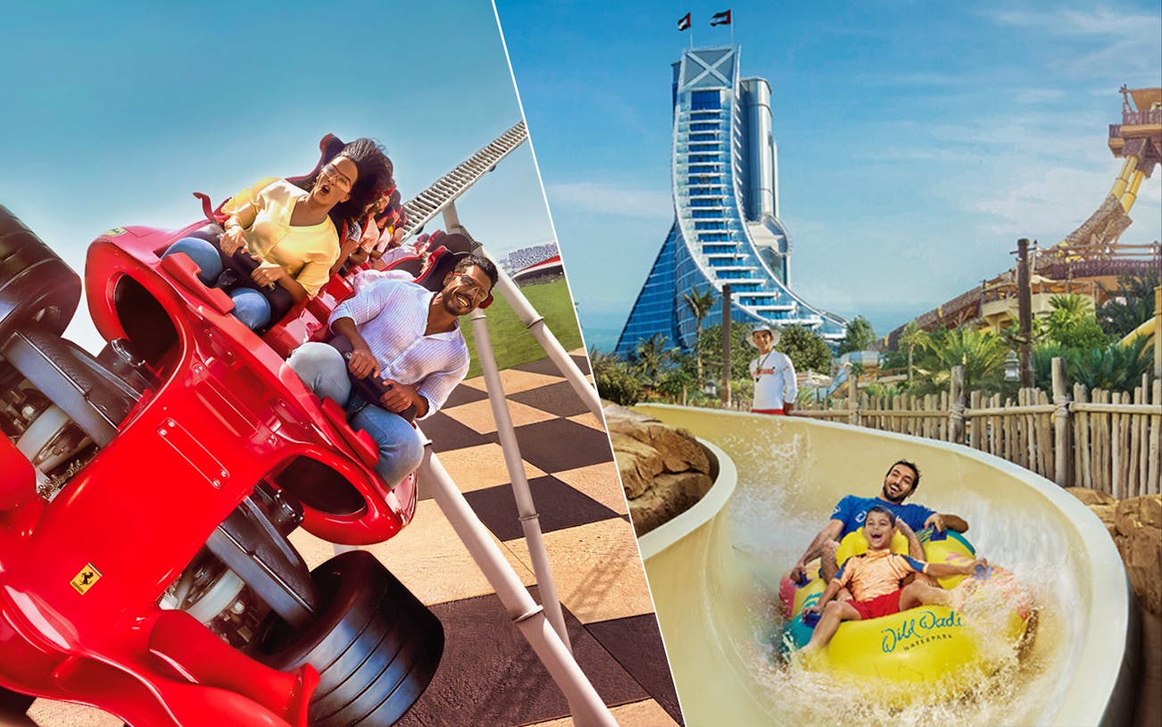 Ferrari World roller coaster and Wild Wadi Waterpark slide in Abu Dhabi.