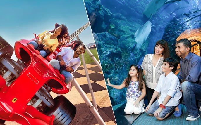 Ferrari World roller coaster and family at Dubai Aquarium.