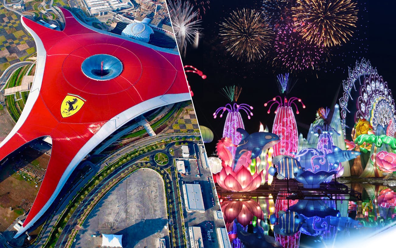 Ferrari World Abu Dhabi aerial view and Dubai Garden Glow illuminated sculptures at night.