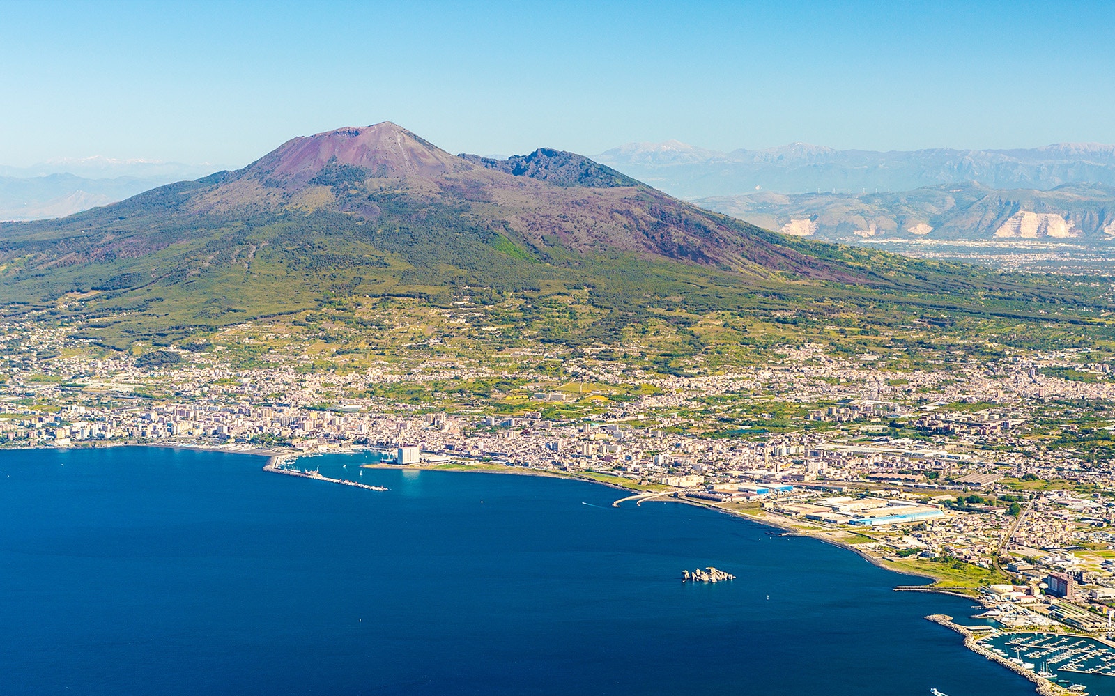 Mount Vesuvius overlooking the Bay of Naples, view from Pompeii.