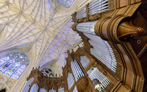 St. Patrick's Cathedral interior with ornate organ pipes and vaulted ceiling, New York City.