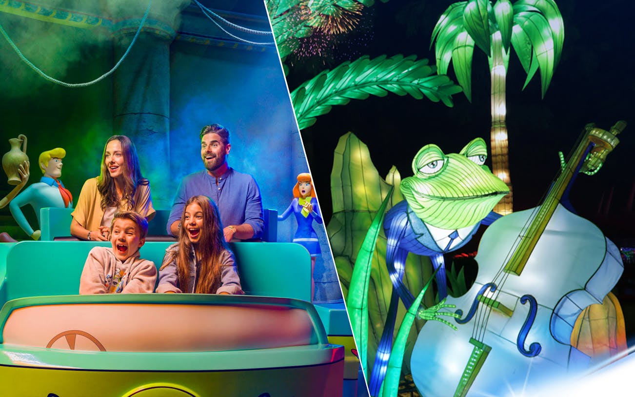 Family enjoying Warner Bros ride and illuminated frog musician at Garden Glow.