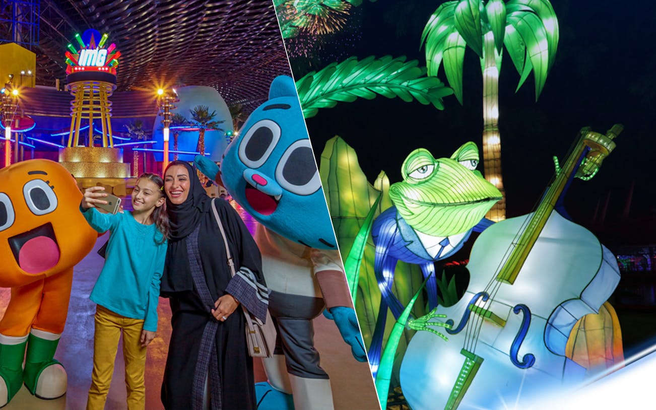 Visitors taking selfies with characters at IMG Worlds of Adventure, Dubai Garden Glow illuminated frog.