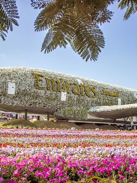 Emirates plane covered in flowers at Dubai Miracle Garden.