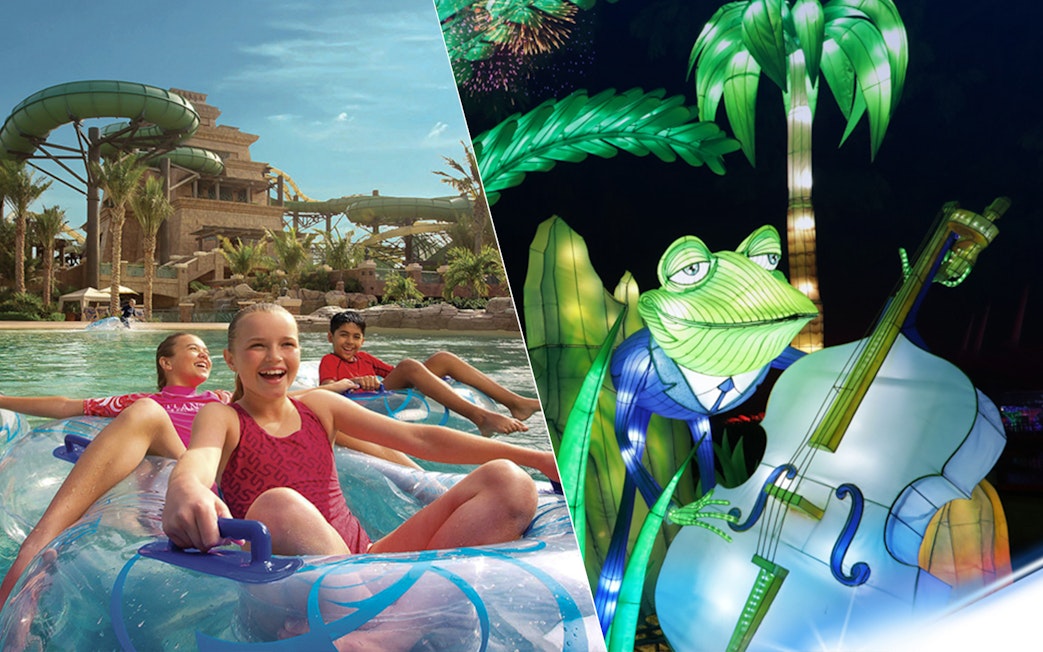 Children enjoying water rides at Aquaventure and illuminated frog display at Garden Glow.