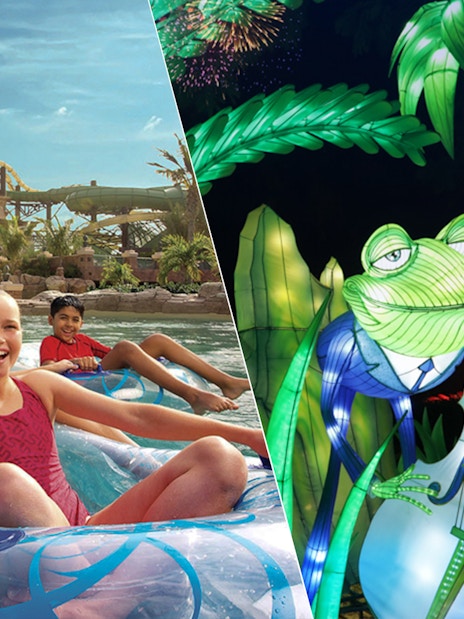 Children enjoying water rides at Aquaventure and illuminated frog display at Garden Glow.