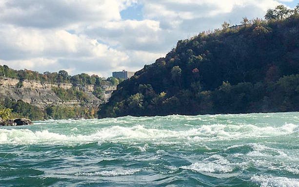 Niagara River rapids with cliffs and trees, USA side sightseeing tour.