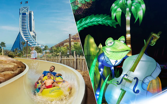 Visitors enjoying a water slide at Wild Wadi Waterpark and illuminated frog display at Dubai Garden Glow.