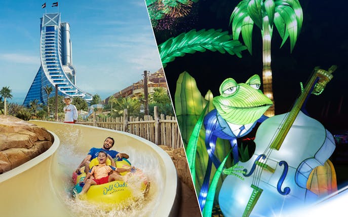 Visitors enjoying a water slide at Wild Wadi Waterpark and illuminated frog display at Dubai Garden Glow.